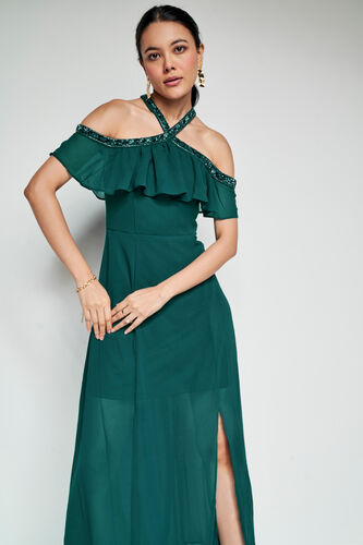 Jewel Wave Flared Dress, Emerald Green, image 3